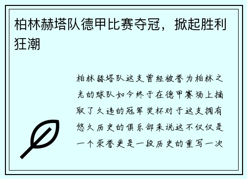 柏林赫塔队德甲比赛夺冠,掀起胜利狂潮 柏林赫塔队德甲比赛夺冠,掀起胜利狂潮
