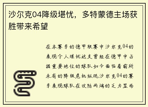 沙尔克04降级堪忧，多特蒙德主场获胜带来希望